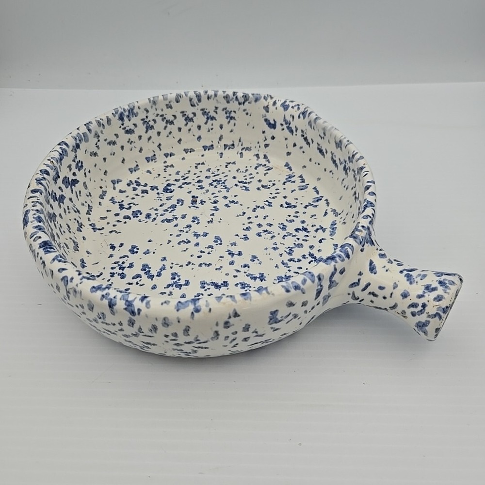 Blue Spongeware Handled Serving Bowl Dish Roseville Spongeware Stoneware Vintage